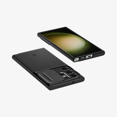 ACS05639 - Galaxy S23 Ultra Case Optik Armor in black showing the back with lens protector slot open